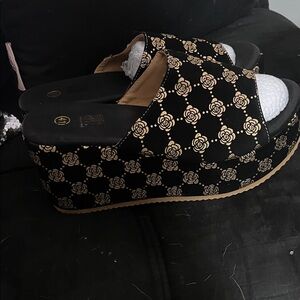 SHEIN Black and Gold Floral Platform Shoes